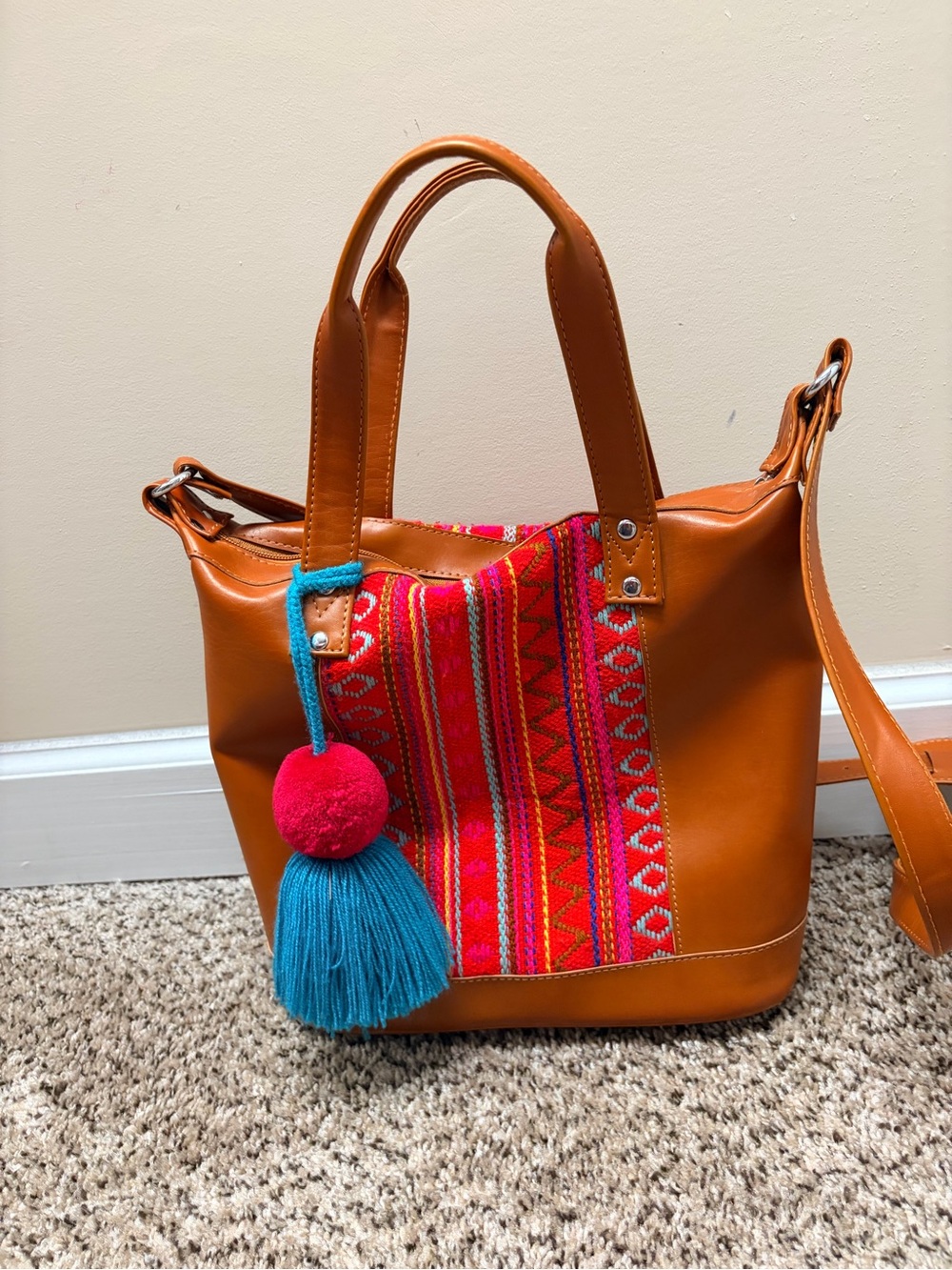 Camel Faux-Leather Tote Crossbody Purse with Woven Accent and Tassel